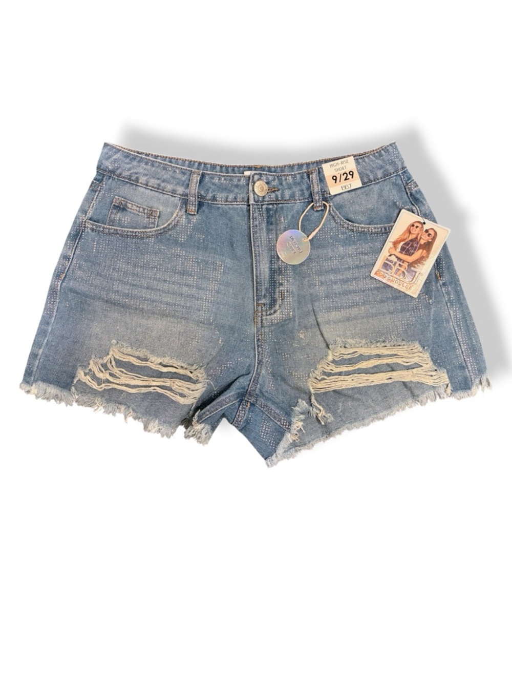 ✨ BBJ Los Angeles High Rise Distressed Denim Shorts Size 9/29 NWT Glitter